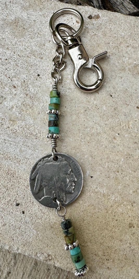 Indian head buffalo nickel keychain with African jasper turquoise gemstone