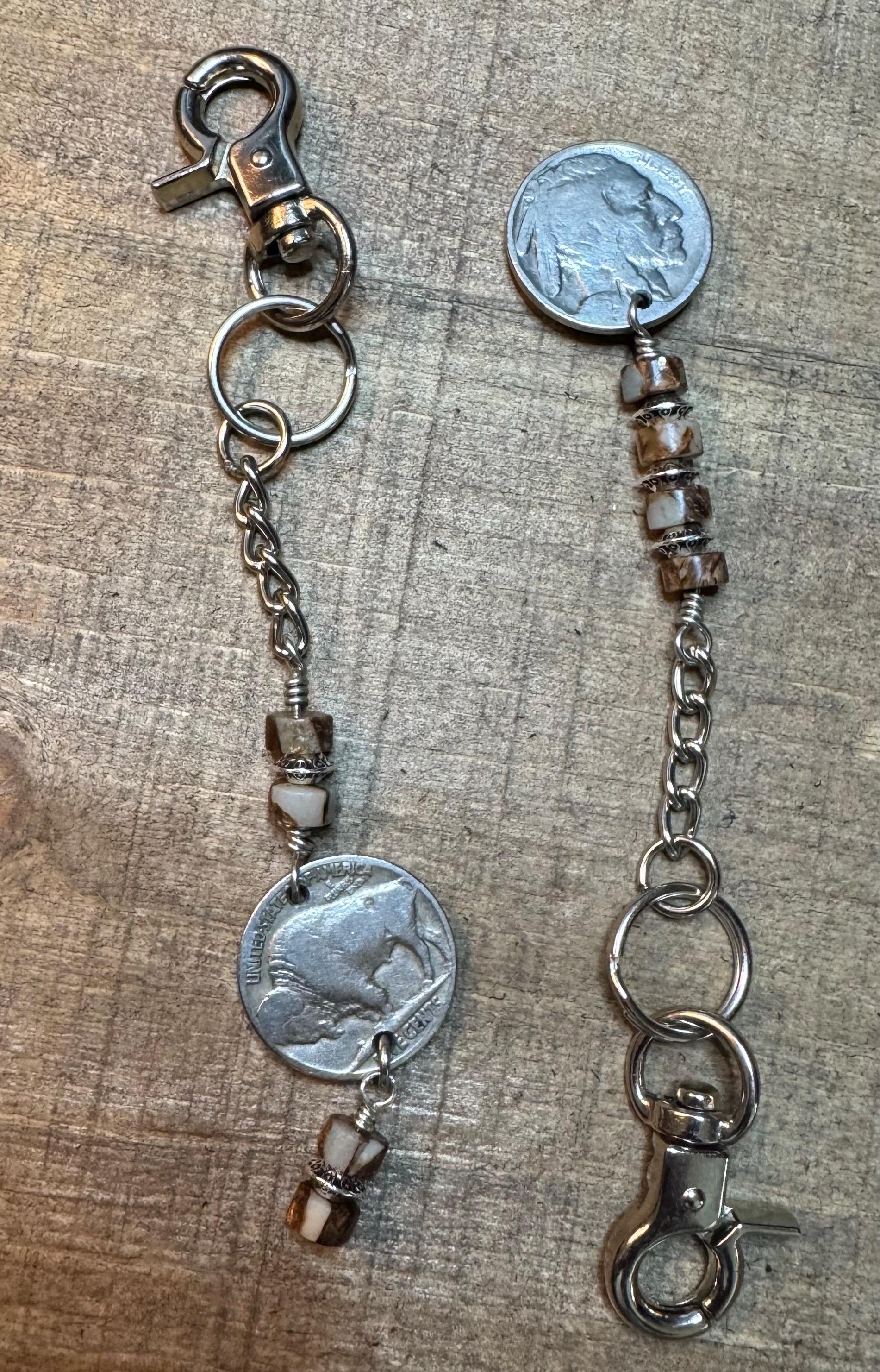 Indian head buffalo nickel keychain with Impression Jasper gemstone