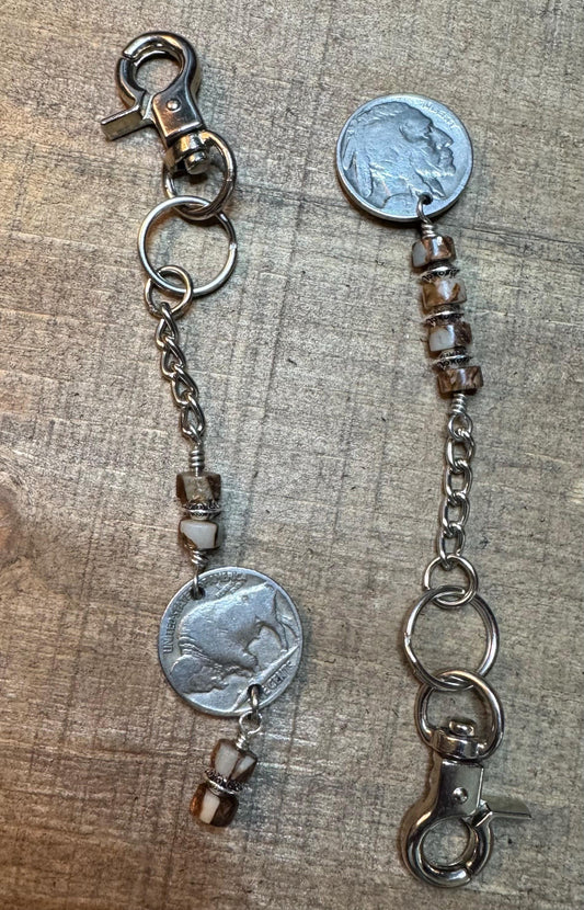 Indian head buffalo nickel keychain with Impression Jasper gemstone