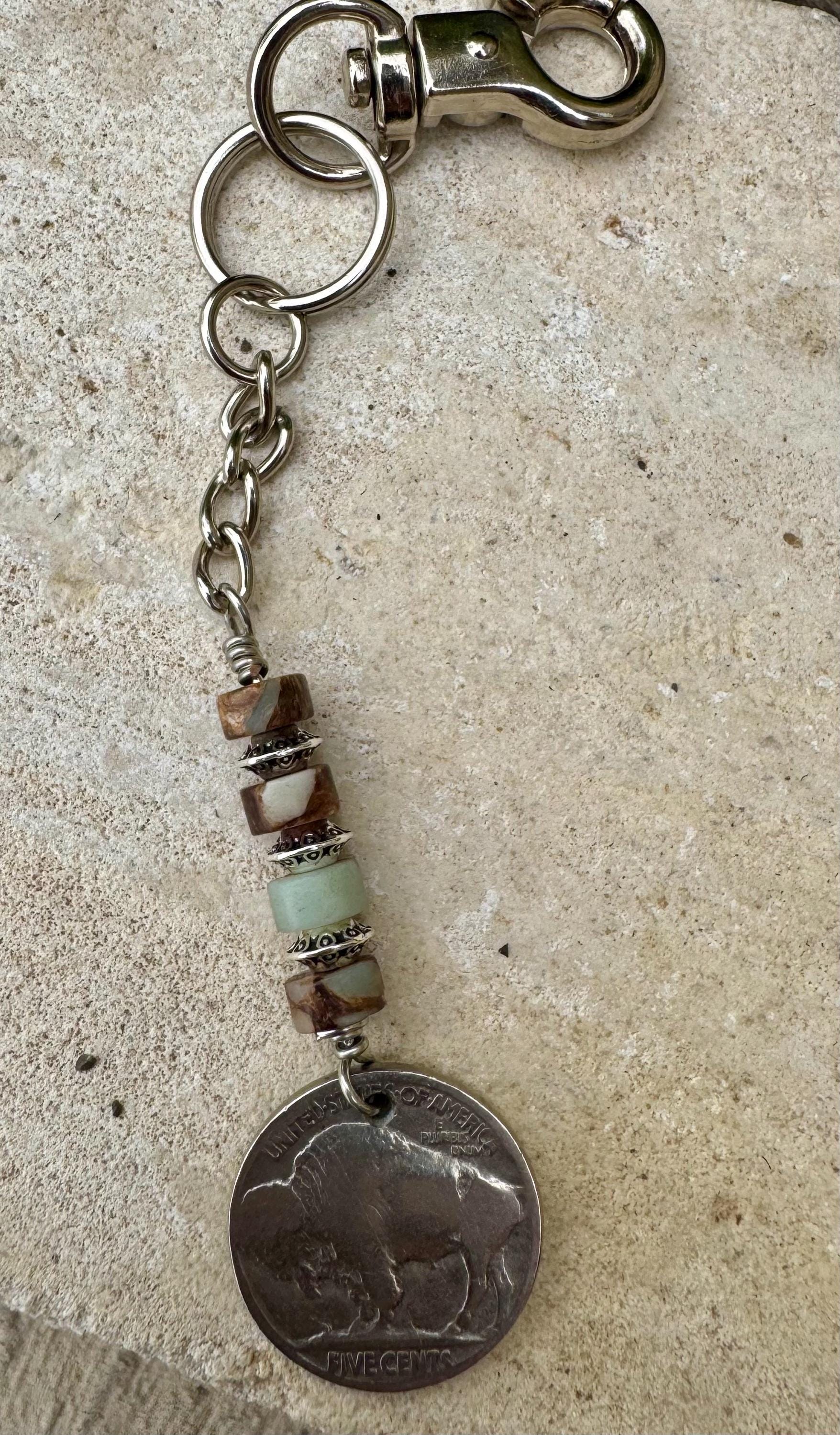 Indian head buffalo nickel keychain with Impression Jasper gemstone