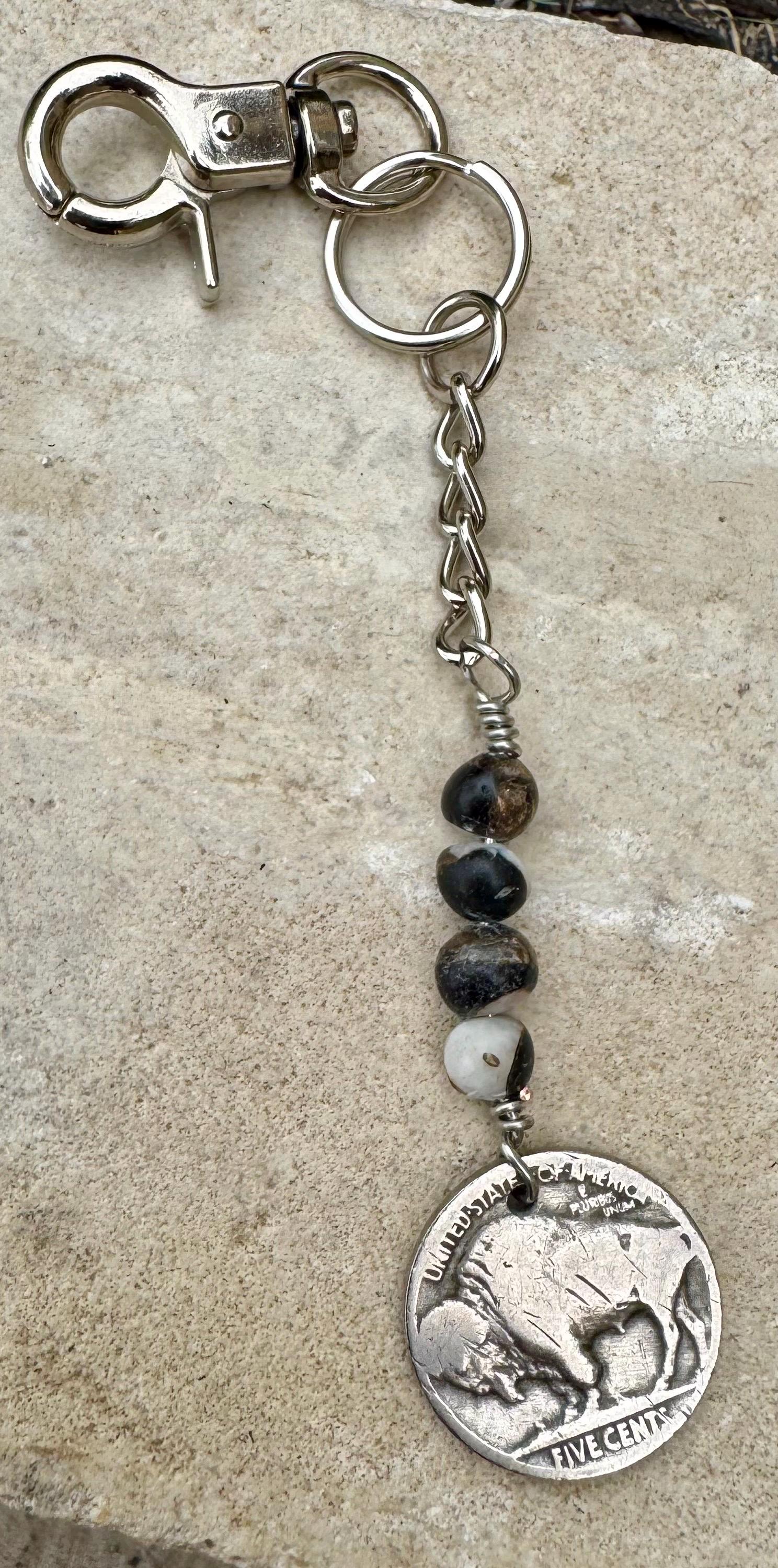Indian head buffalo nickel keychain with white buffalo gemstone
