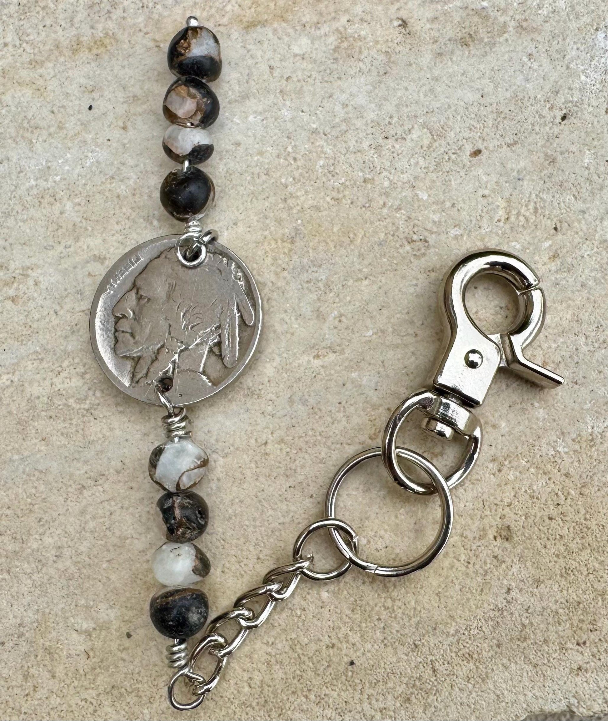 Indian head buffalo nickel keychain with white buffalo gemstone