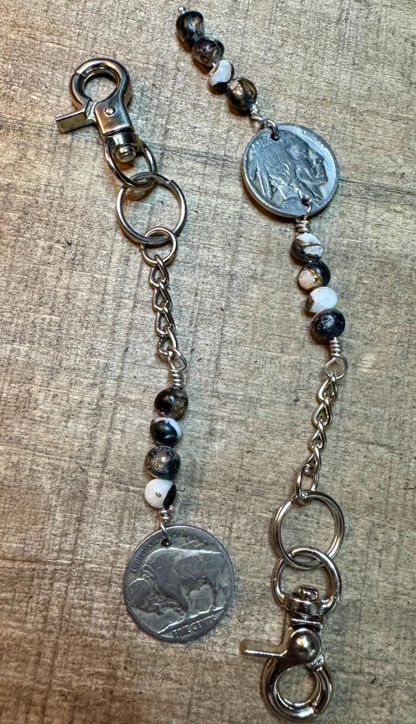 Indian head buffalo nickel keychain with white buffalo gemstone