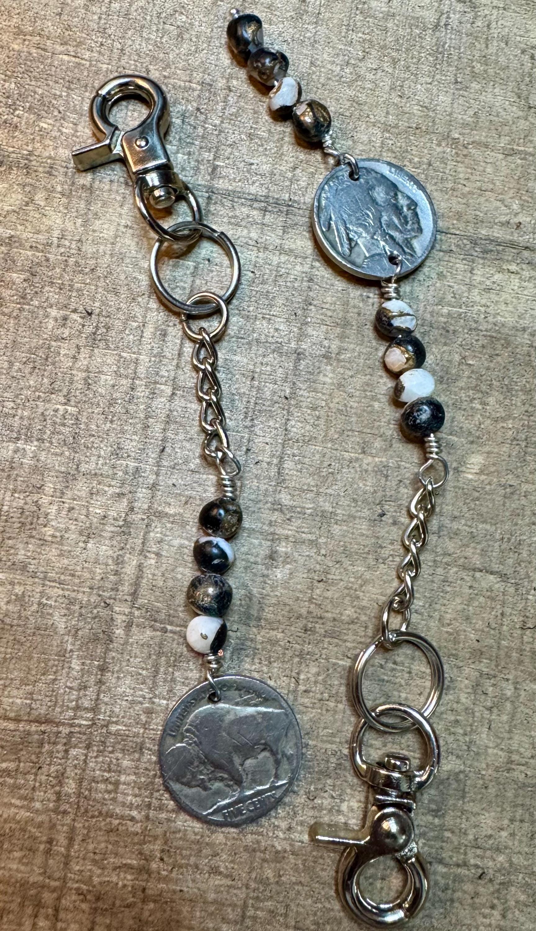 Indian head buffalo nickel keychain with white buffalo gemstone