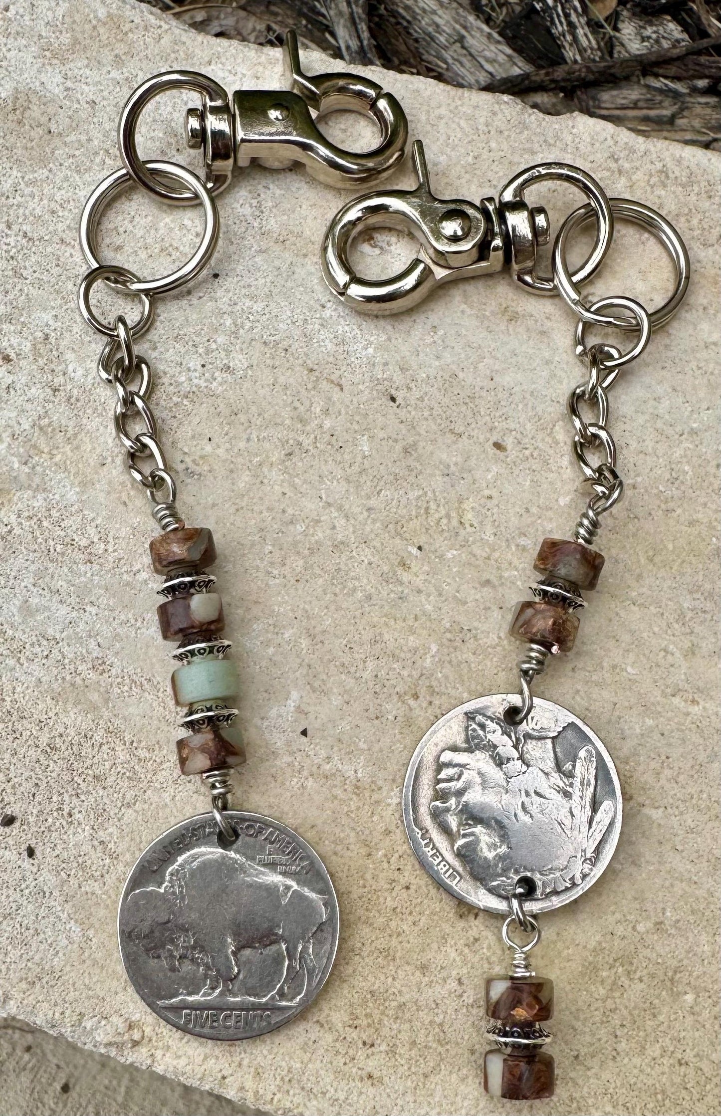 Indian head buffalo nickel keychain with Impression Jasper gemstone