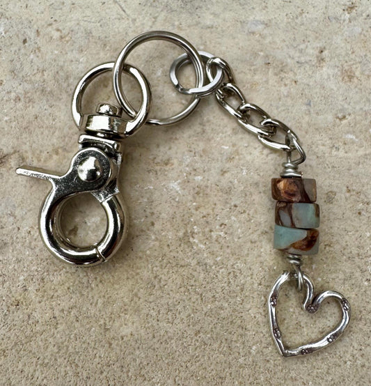 Keychain with impression jasper and sterling silver heart charm