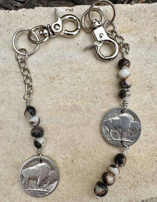 Indian head buffalo nickel keychain with white buffalo gemstone