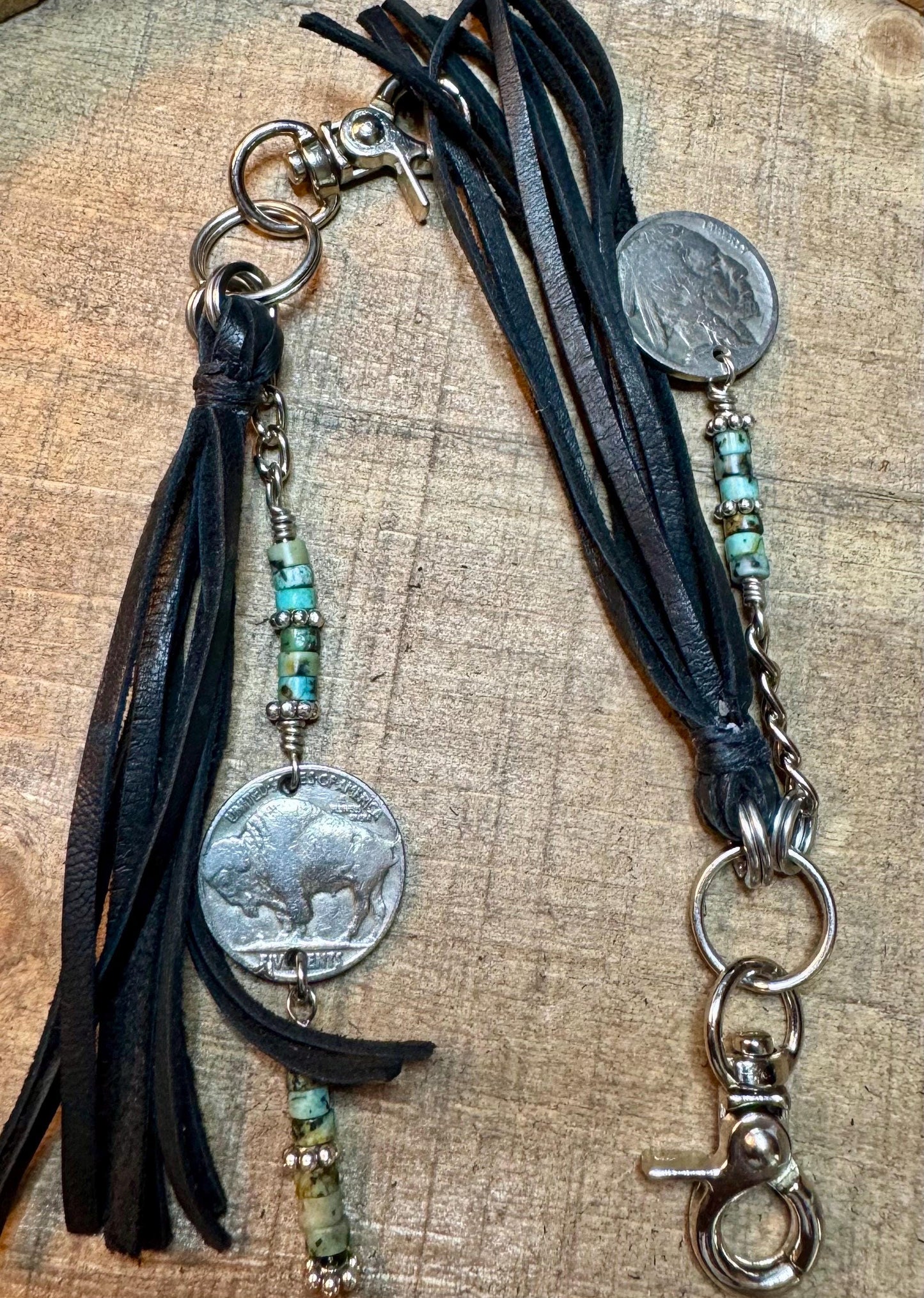 Indian head buffalo nickel leather purse tassel / keychain with African jasper turquoise gemstone