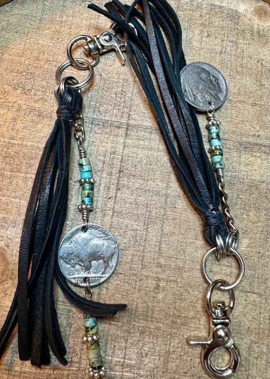 Indian head buffalo nickel leather purse tassel / keychain with African jasper turquoise gemstone