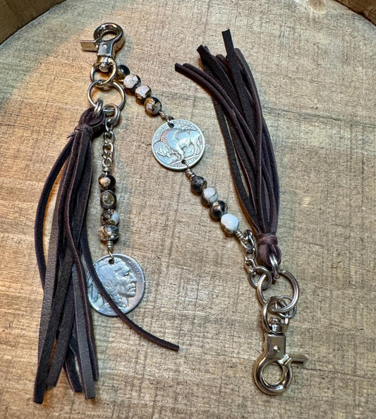 Leather purse tassel Indian head buffalo nickel keychain with white buffalo gemstone