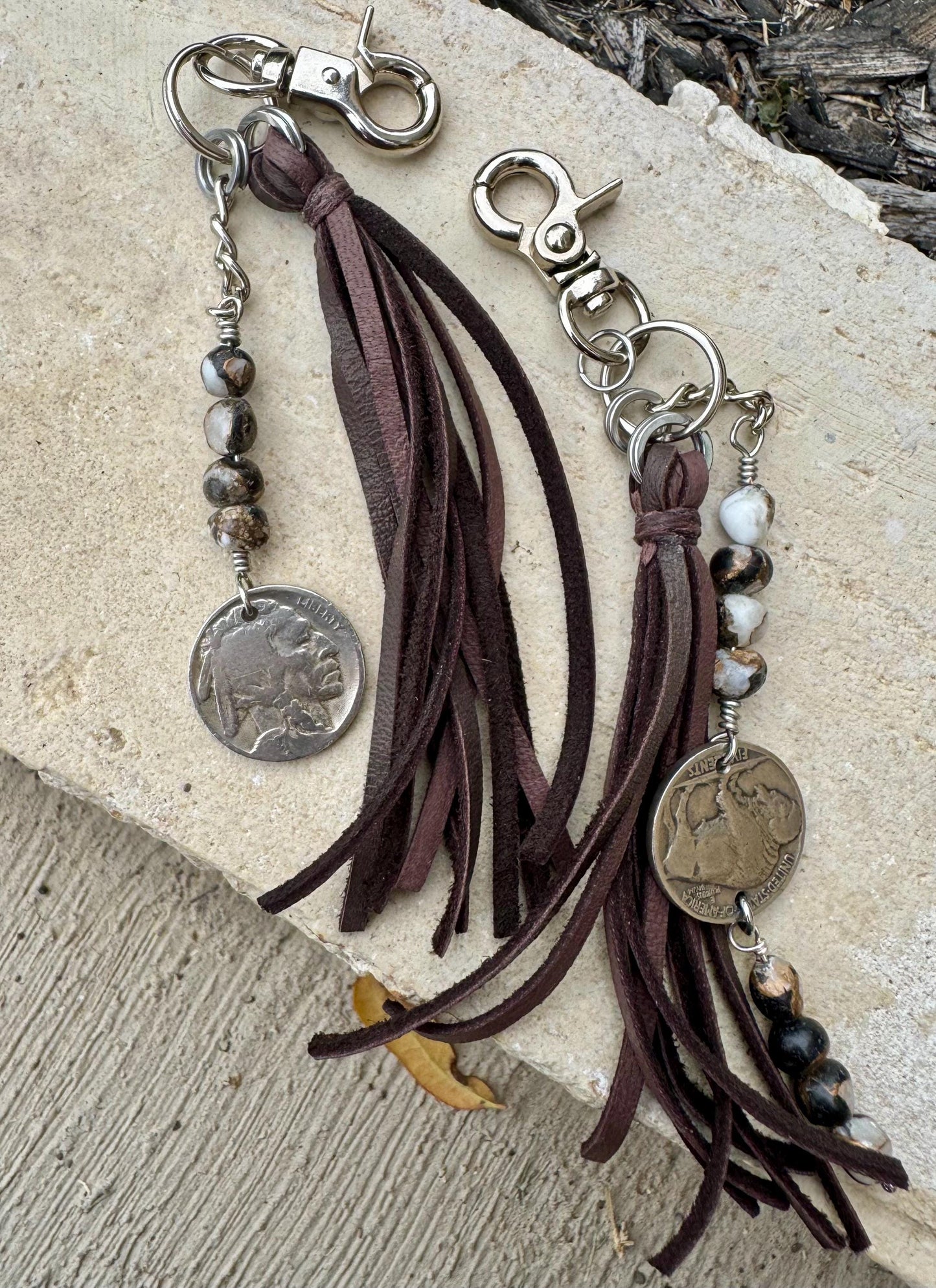Leather purse tassel Indian head buffalo nickel keychain with white buffalo gemstone
