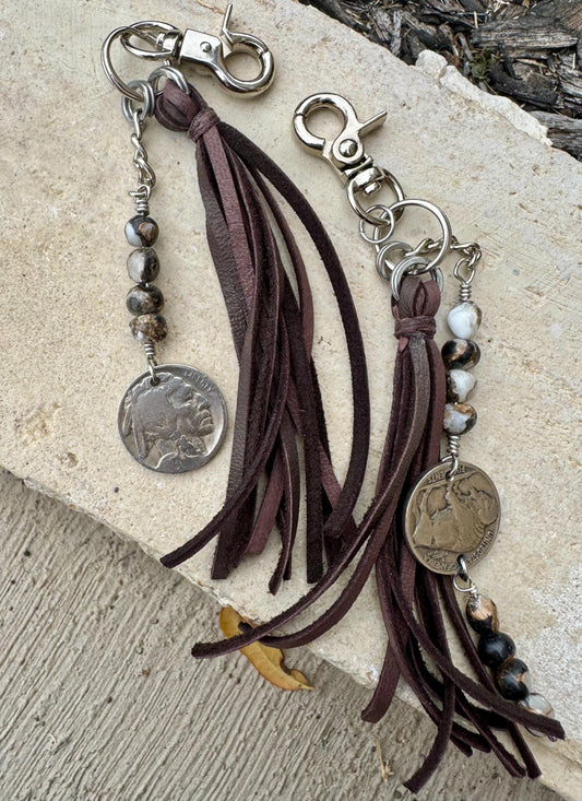 Leather purse tassel Indian head buffalo nickel keychain with white buffalo gemstone