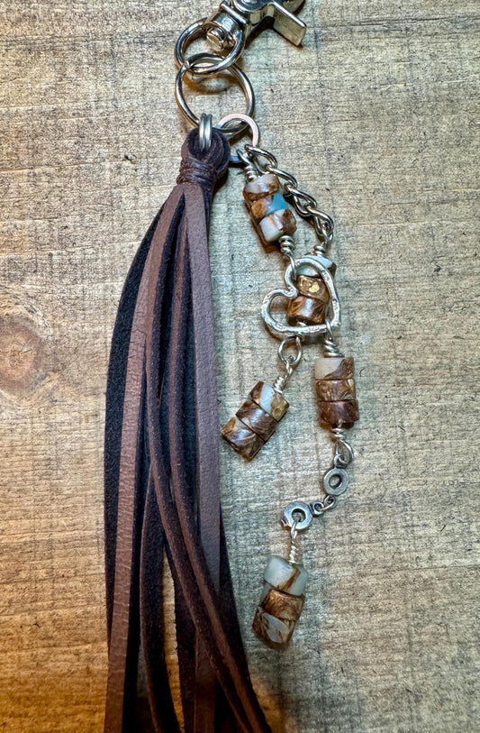 Leather purse tassel with Impression jasper gemstone / beads and sterling silver heart charm