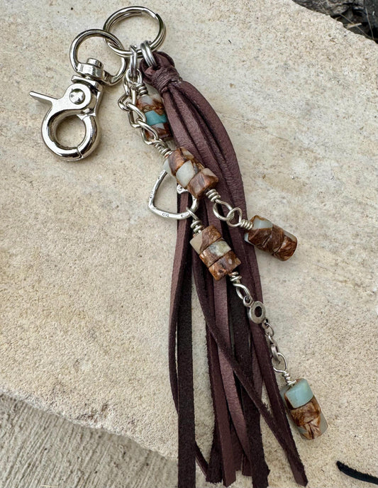 Leather purse tassel with Impression jasper gemstone / beads and sterling silver heart charm