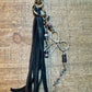 Leather purse tassel with Black pink rhodonite gemstones / beads and sterling silver bow