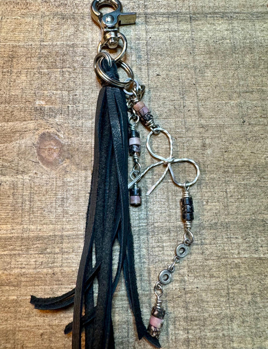 Leather purse tassel with Black pink rhodonite gemstones / beads and sterling silver bow