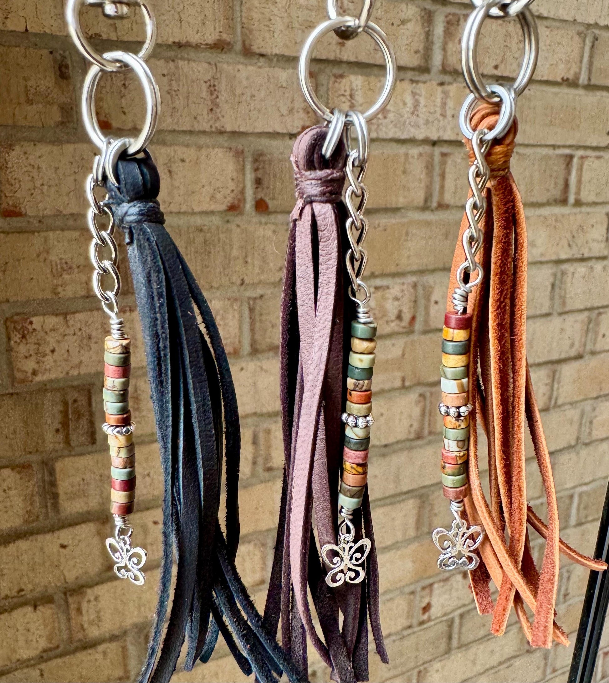 Leather handbag / purse tassel with Red Creek Picasso Jasper gemstones and sterling silver butterfly charm