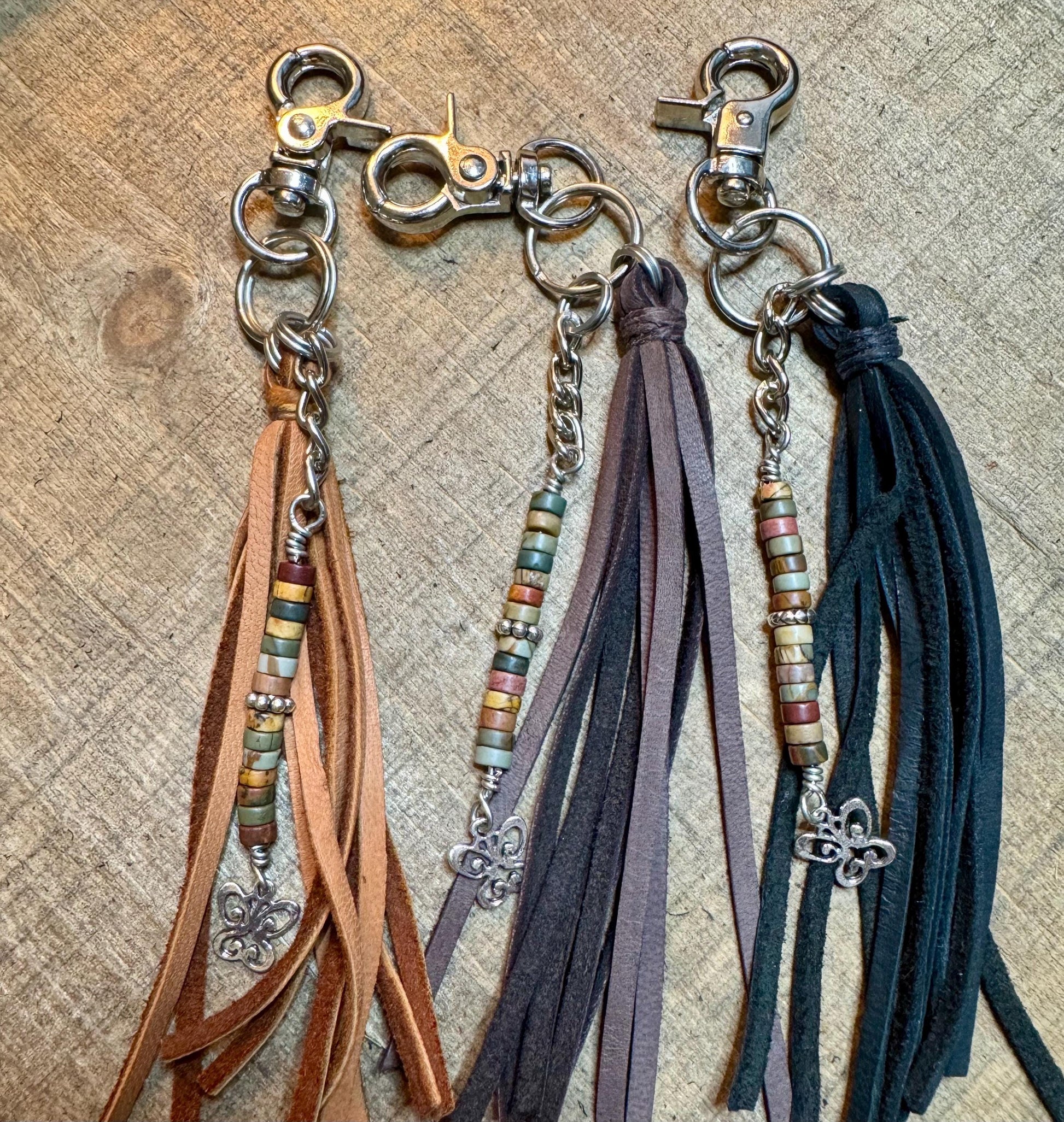 Leather handbag / purse tassel with Red Creek Picasso Jasper gemstones and sterling silver butterfly charm