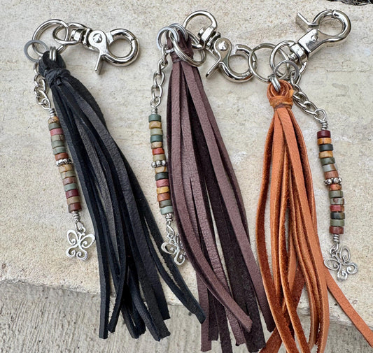 Leather handbag / purse tassel with Red Creek Picasso Jasper gemstones and sterling silver butterfly charm