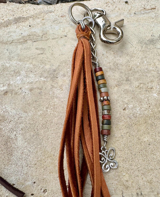 Leather handbag / purse tassel with Red Creek Picasso Jasper gemstones and sterling silver butterfly charm