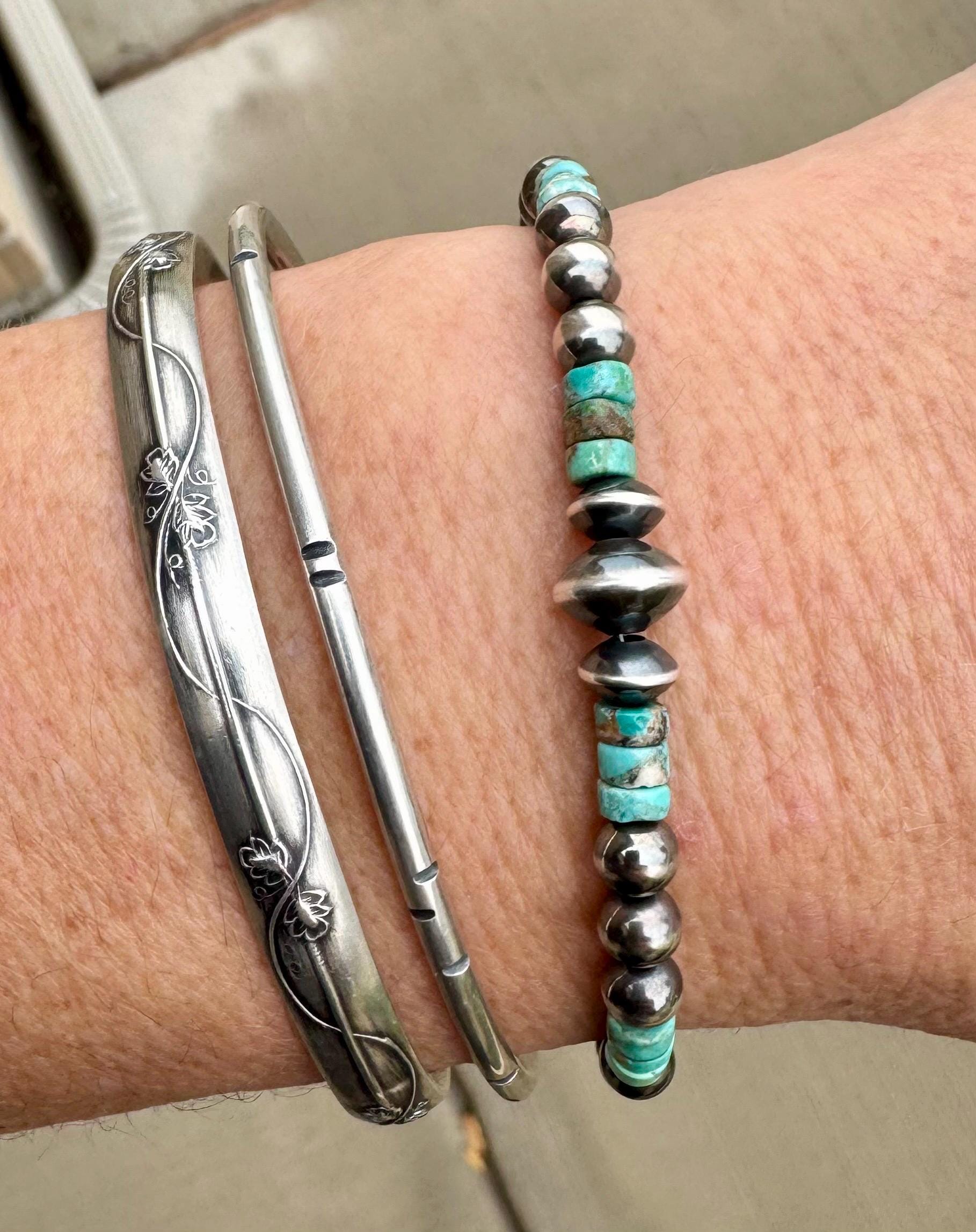 Natural Blue Green Brown Turquoise with Navajo Pearls, Sterling Silver Beaded Jewelry, Gemstone Bracelet, Turquoise Gift