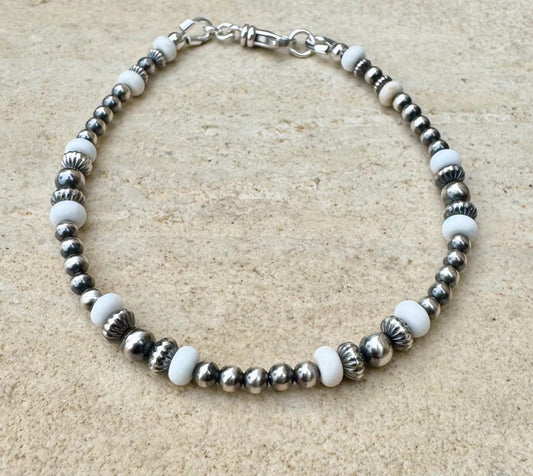 Navajo Pearl with White Turquoise bracelet / gemstone beaded sterling silver bracelet