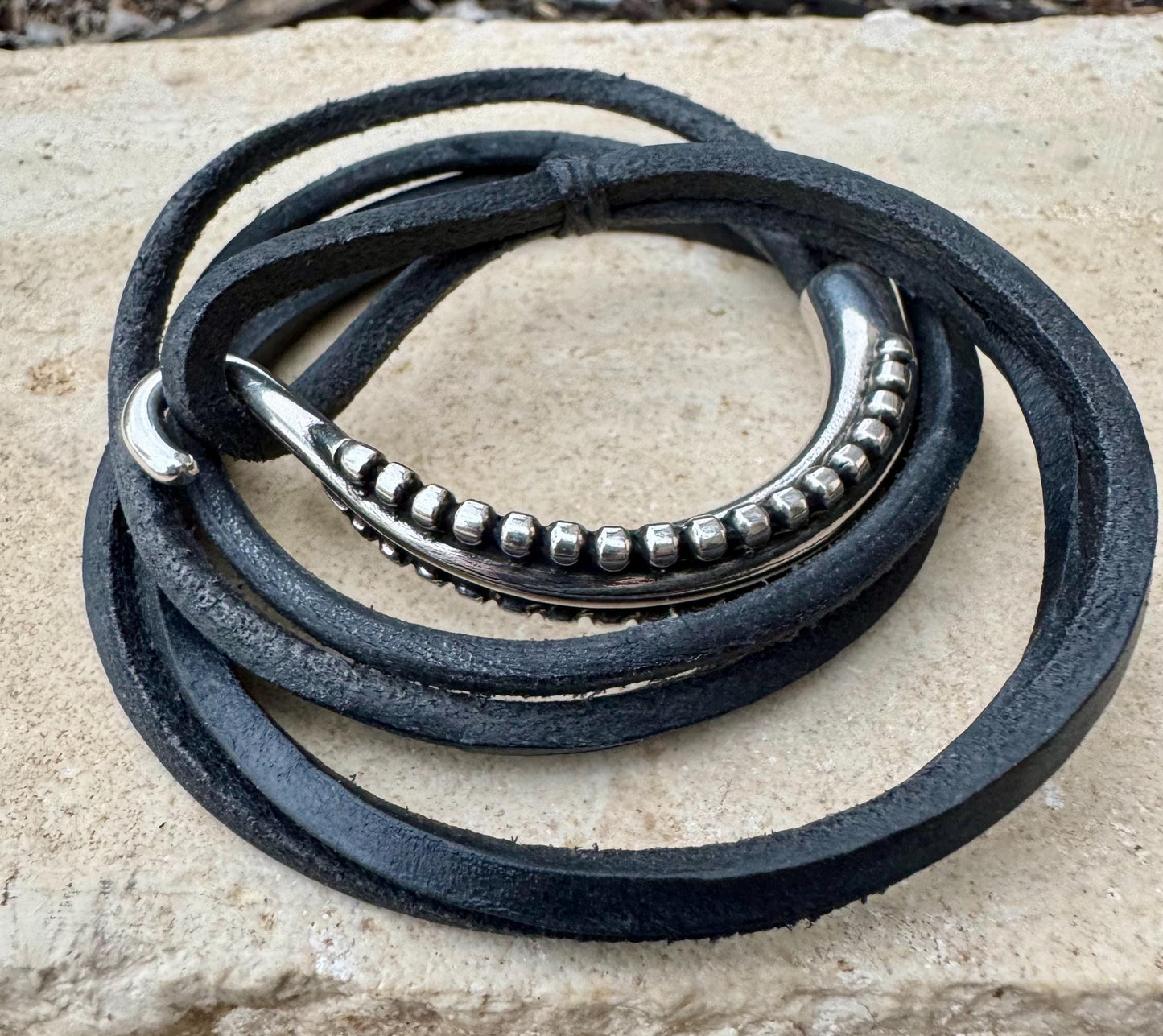 Square leather wrap bracelet with silver cuff, dark brown or black leather