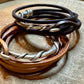 Square leather wrap bracelet with silver cuff, saddle or dark brown