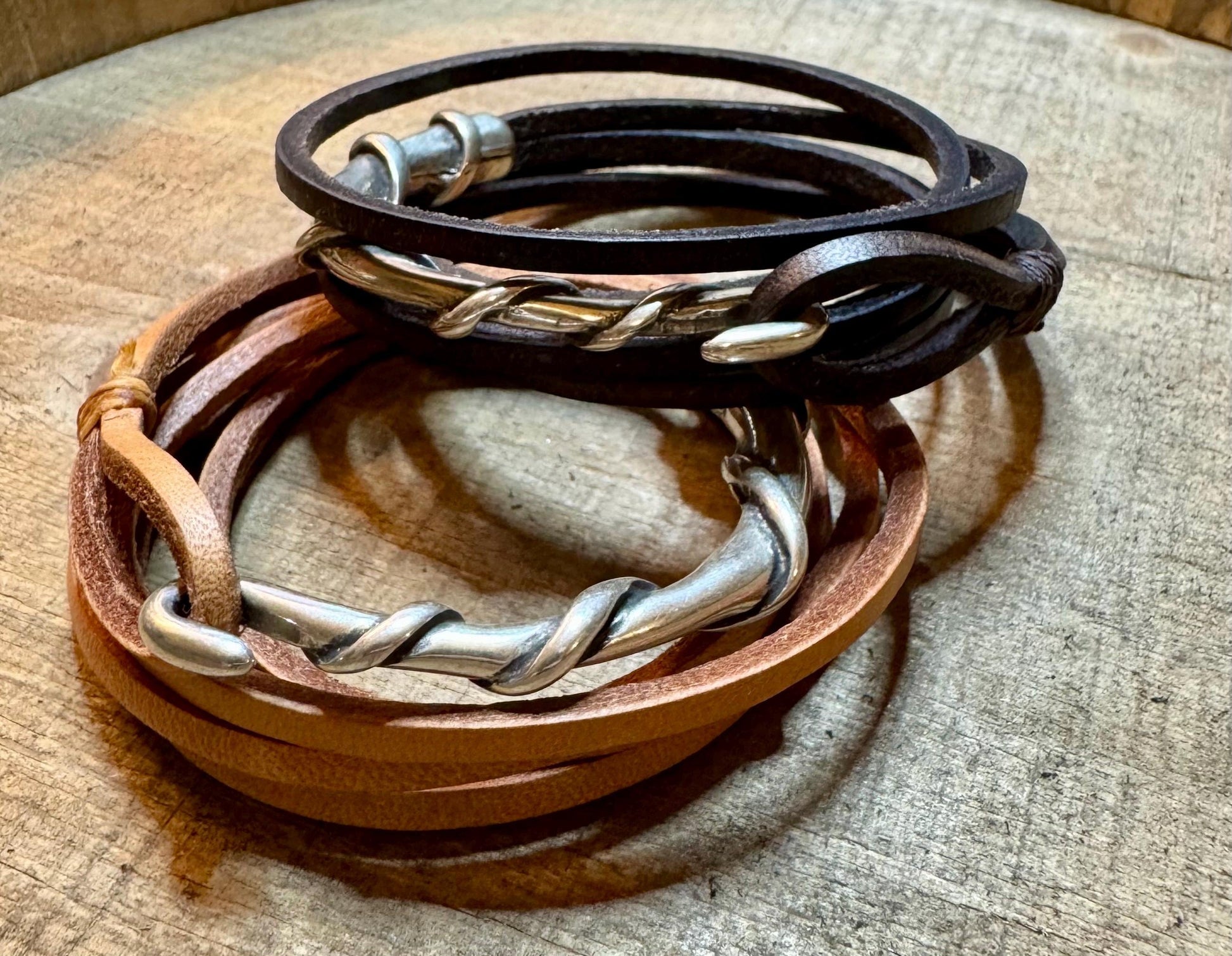 Square leather wrap bracelet with silver cuff, saddle or dark brown