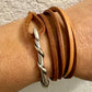 Square leather wrap bracelet with silver cuff, saddle or dark brown