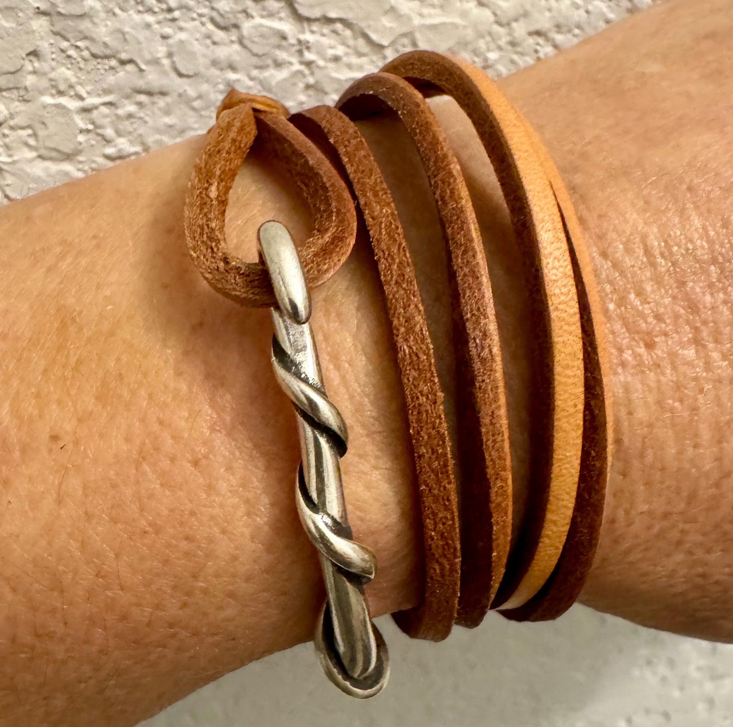 Square leather wrap bracelet with silver cuff, saddle or dark brown