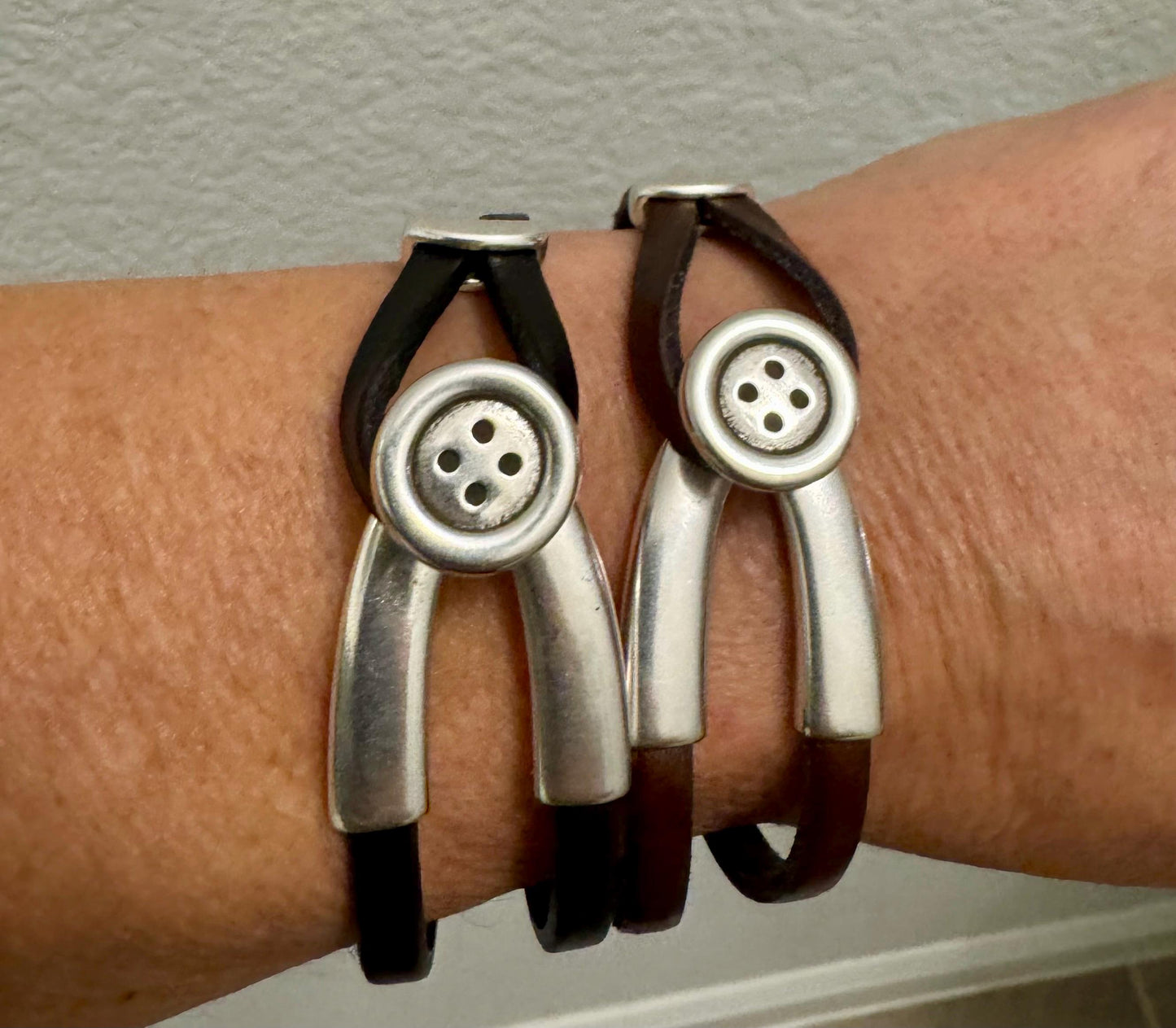 Wrap Leather Bracelet, Button Silver Half Cuff, Black Leather Bracelet, Coraline Bracelet, Gift Idea