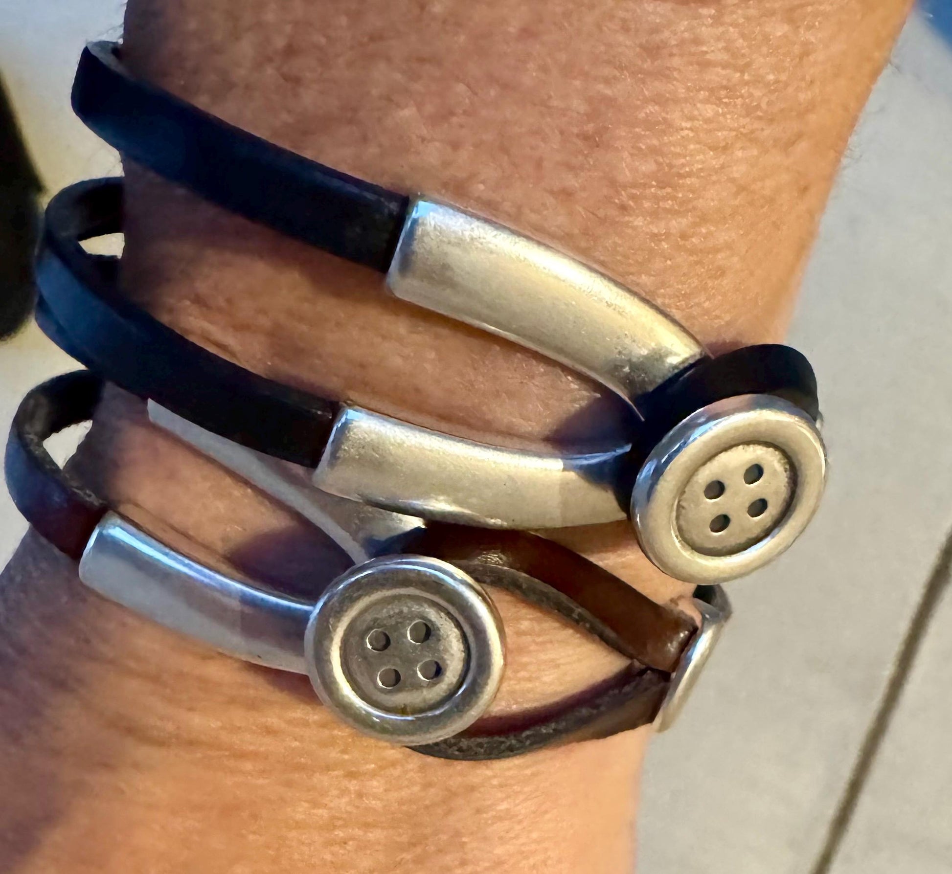 Wrap Leather Bracelet, Button Silver Half Cuff, Black Leather Bracelet, Coraline Bracelet, Gift Idea