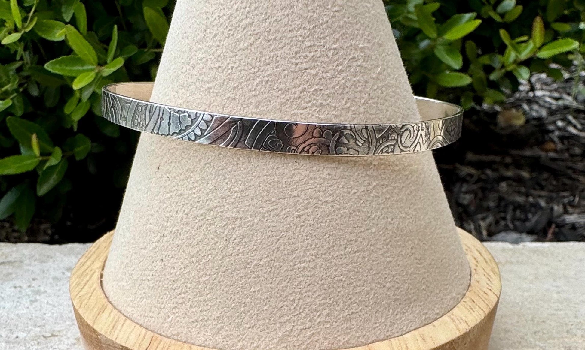 Flower doodle imprinted sterling silver cuff bracelet
