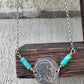 Indian head buffalo nickel on sterling silver oxidized Rolo chain with turquoise gemstone