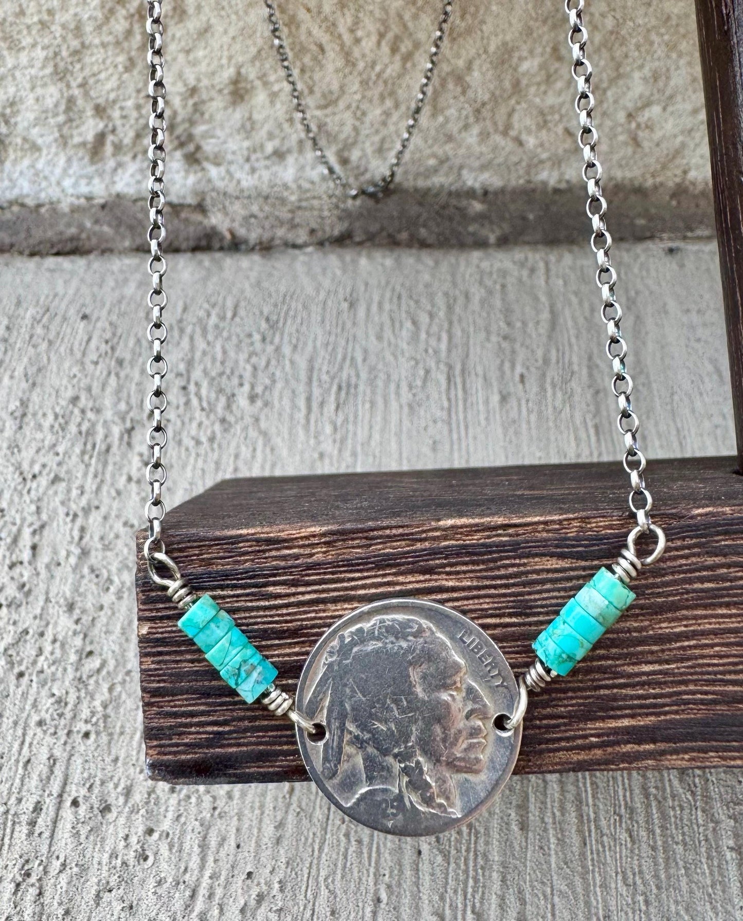 Indian head buffalo nickel on sterling silver oxidized Rolo chain with turquoise gemstone