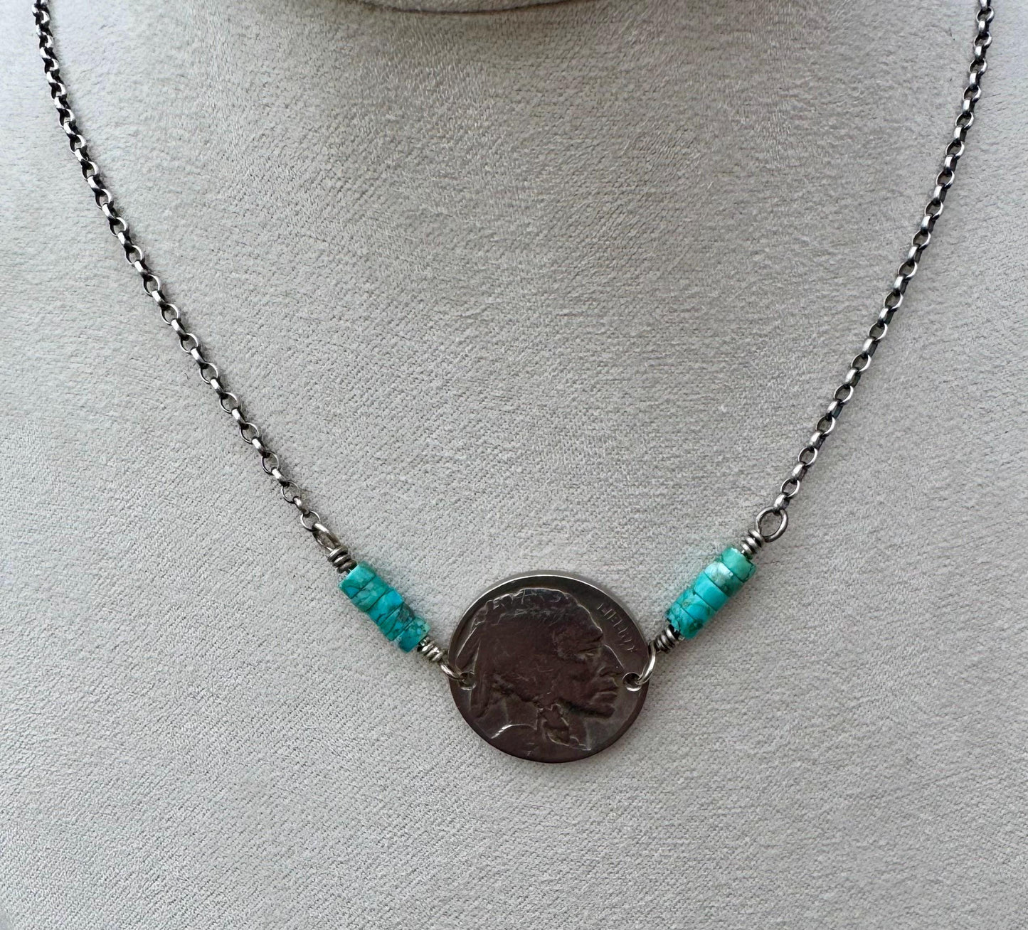 Indian head buffalo nickel on sterling silver oxidized Rolo chain with turquoise gemstone