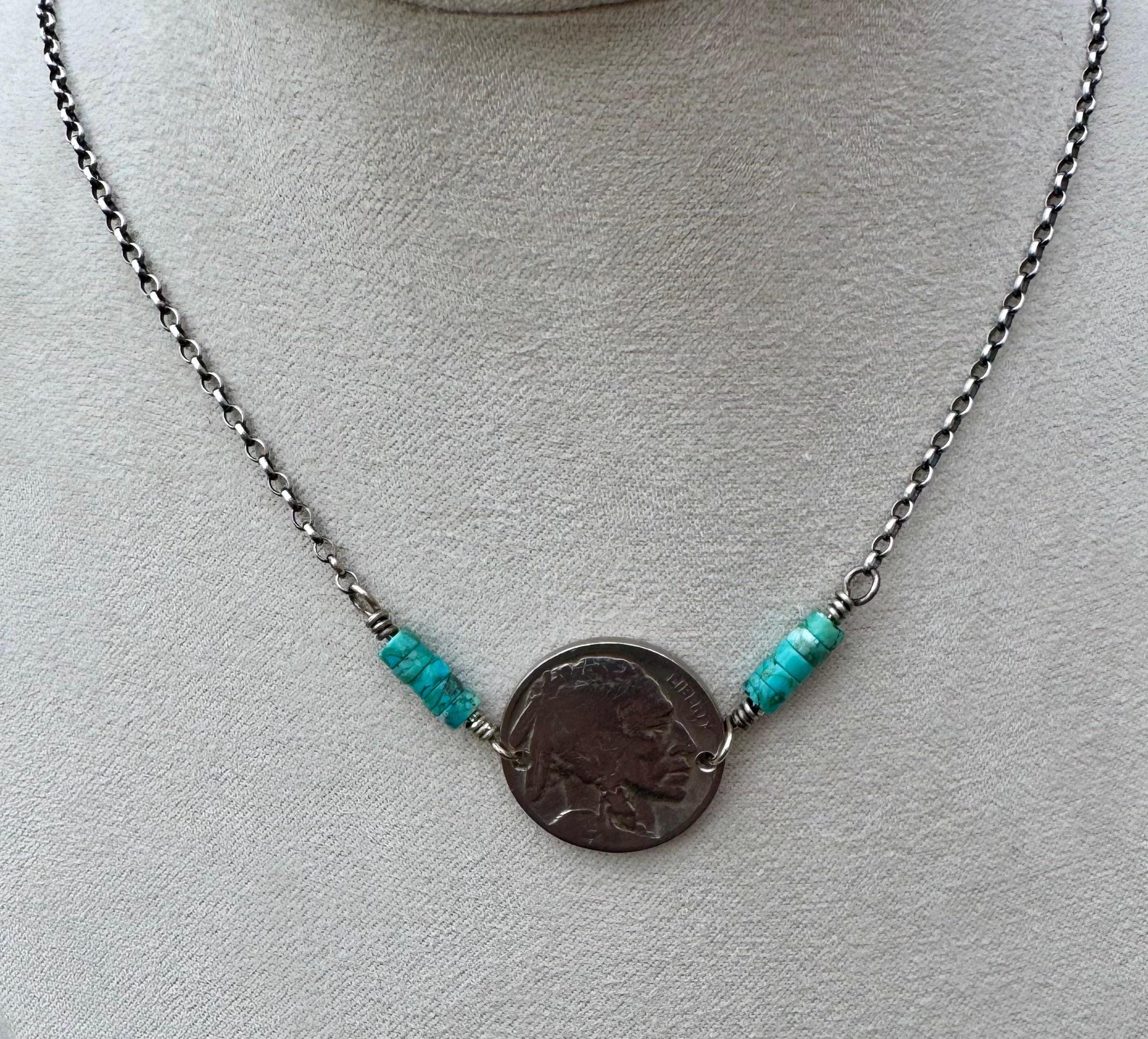 Indian head buffalo nickel on sterling silver oxidized Rolo chain with turquoise gemstone