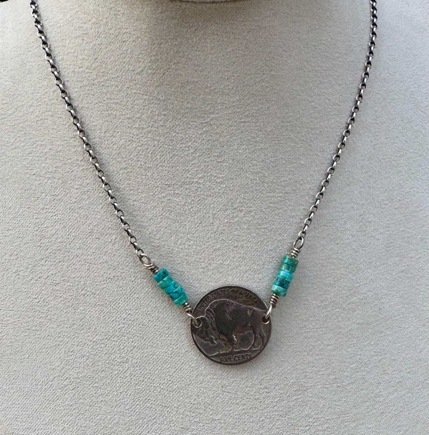 Indian head buffalo nickel on sterling silver oxidized Rolo chain with turquoise gemstone
