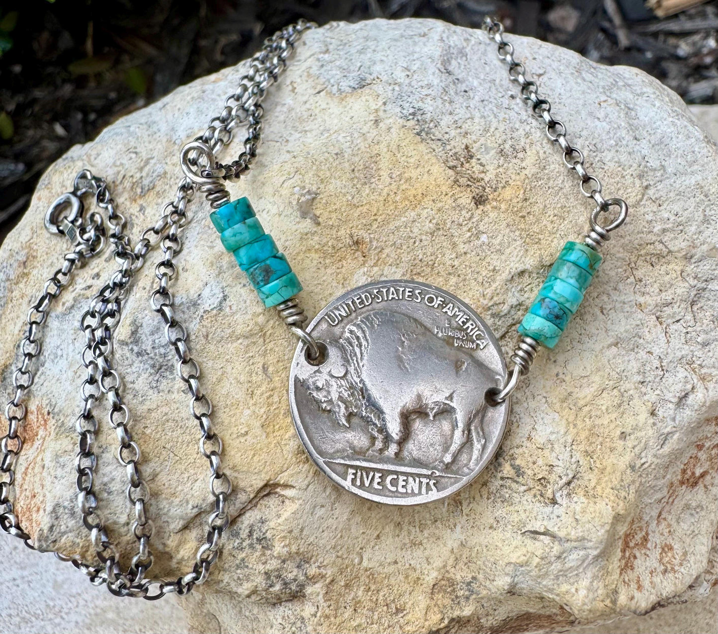 Indian head buffalo nickel on sterling silver oxidized Rolo chain with turquoise gemstone