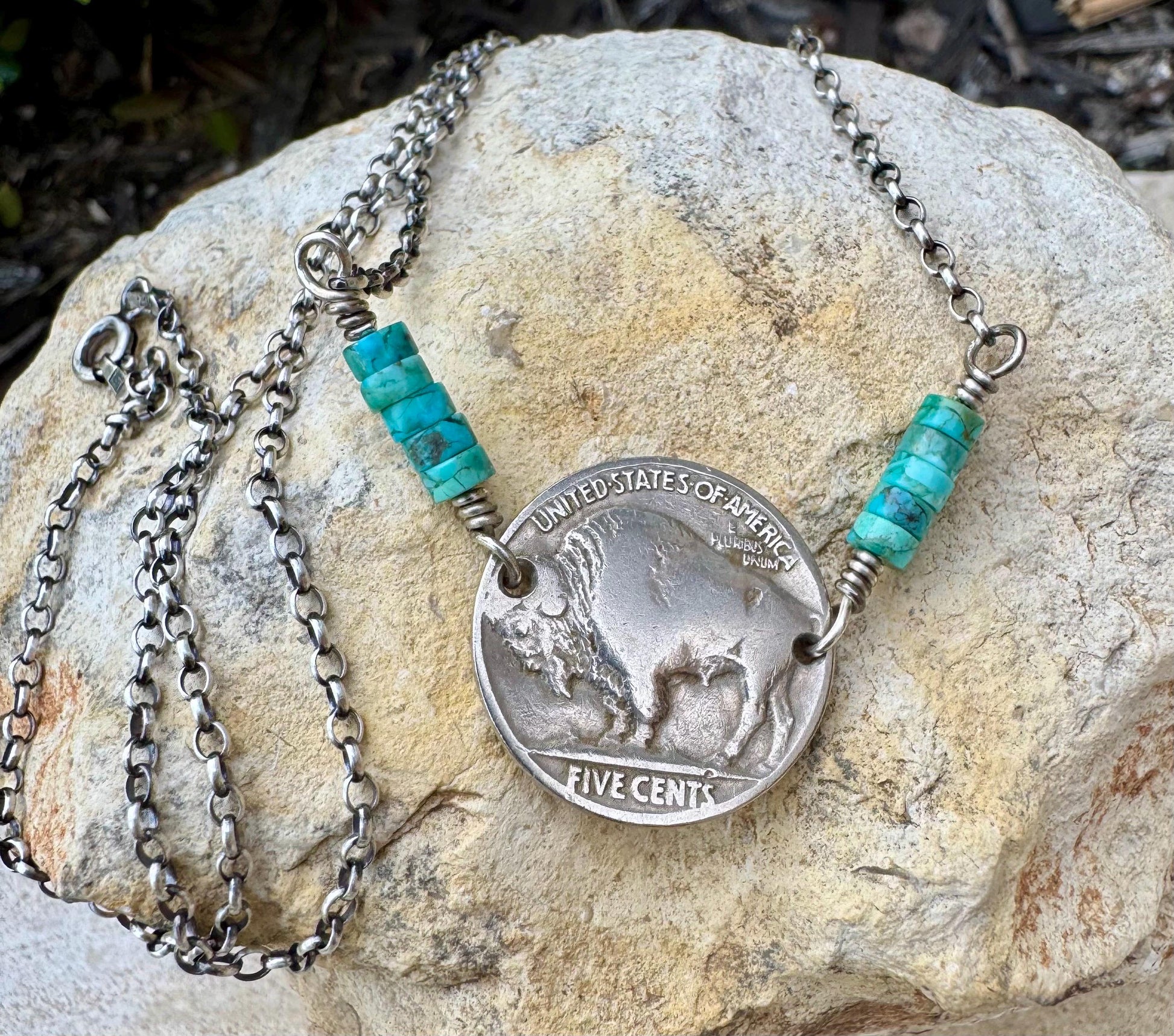 Indian head buffalo nickel on sterling silver oxidized Rolo chain with turquoise gemstone
