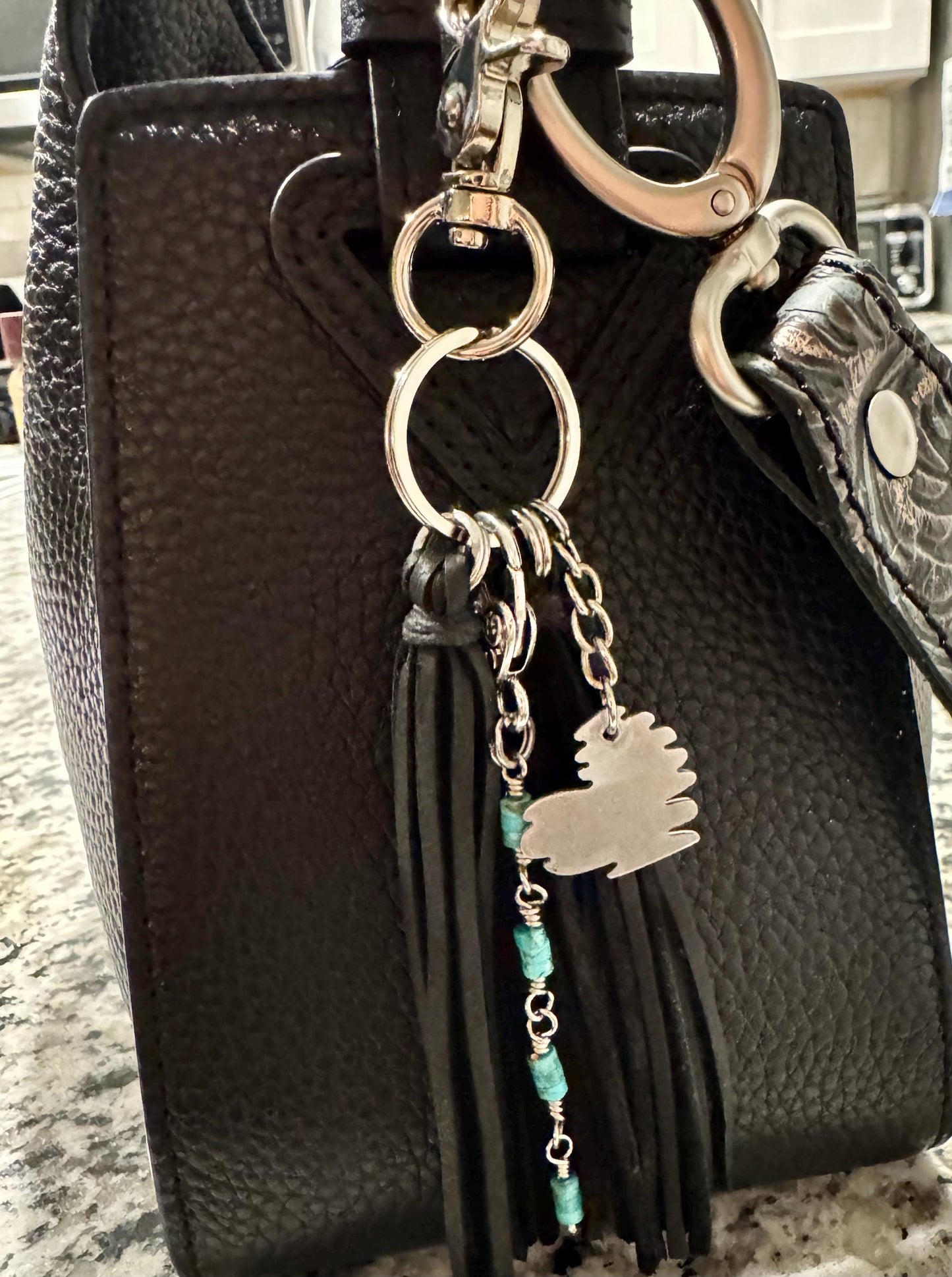 Turquoise keychain with black leather tassel / purse tassel
