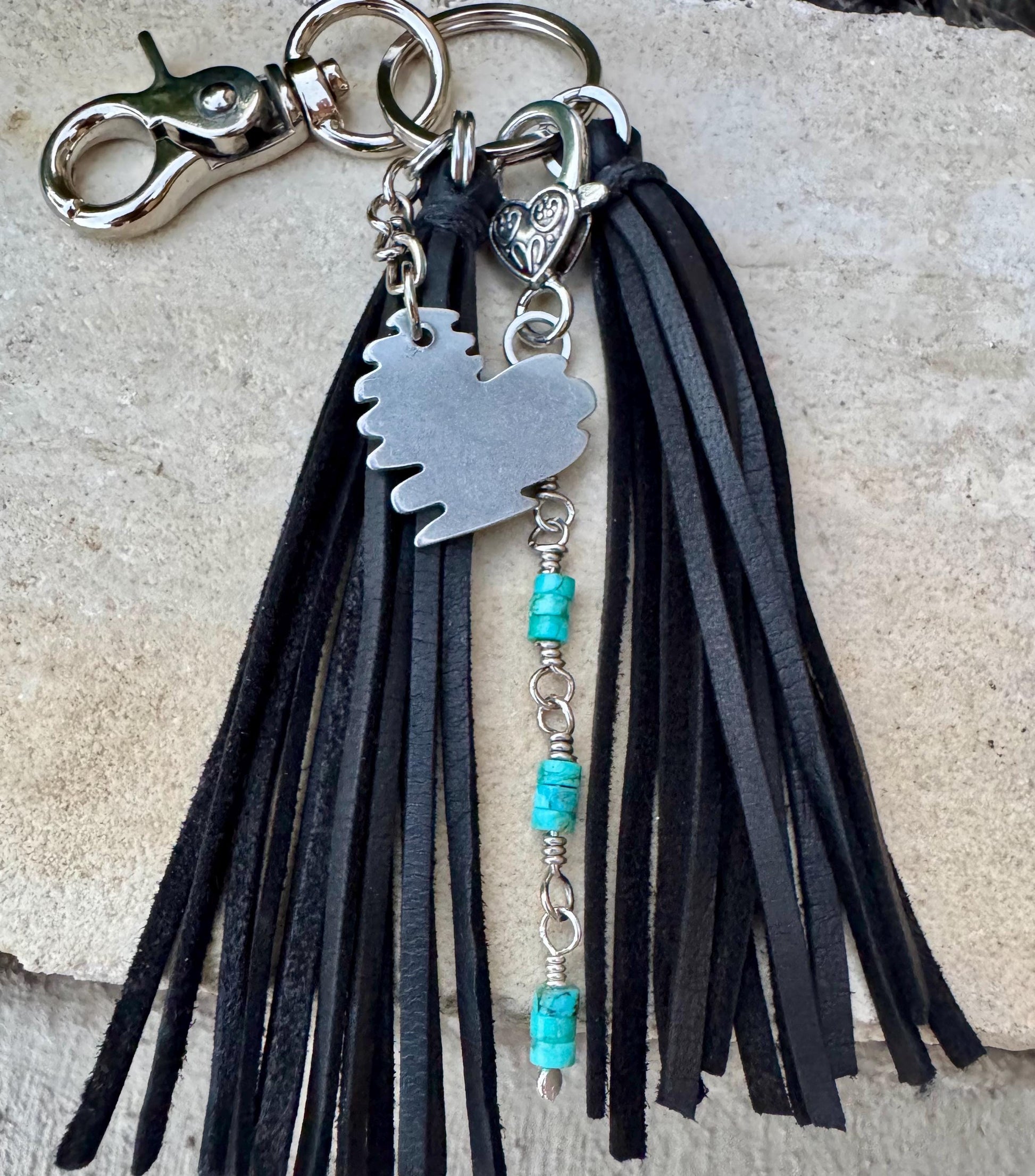 Turquoise keychain with black leather tassel / purse tassel
