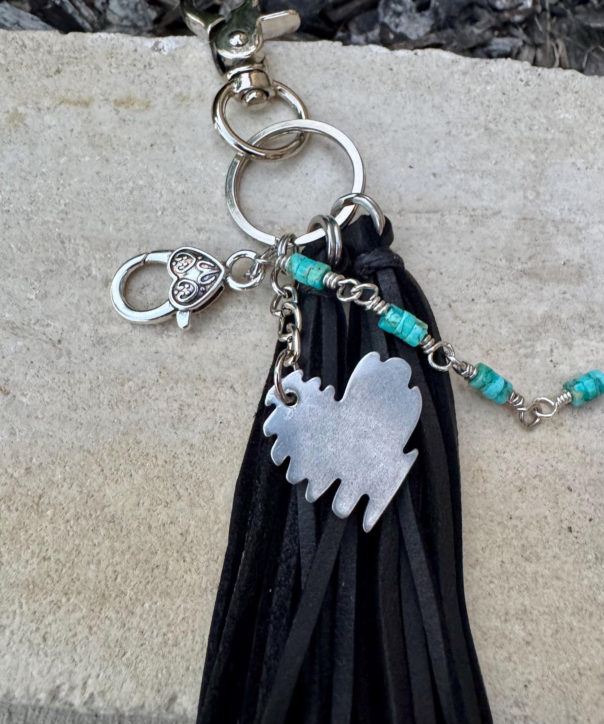 Turquoise keychain with black leather tassel / purse tassel