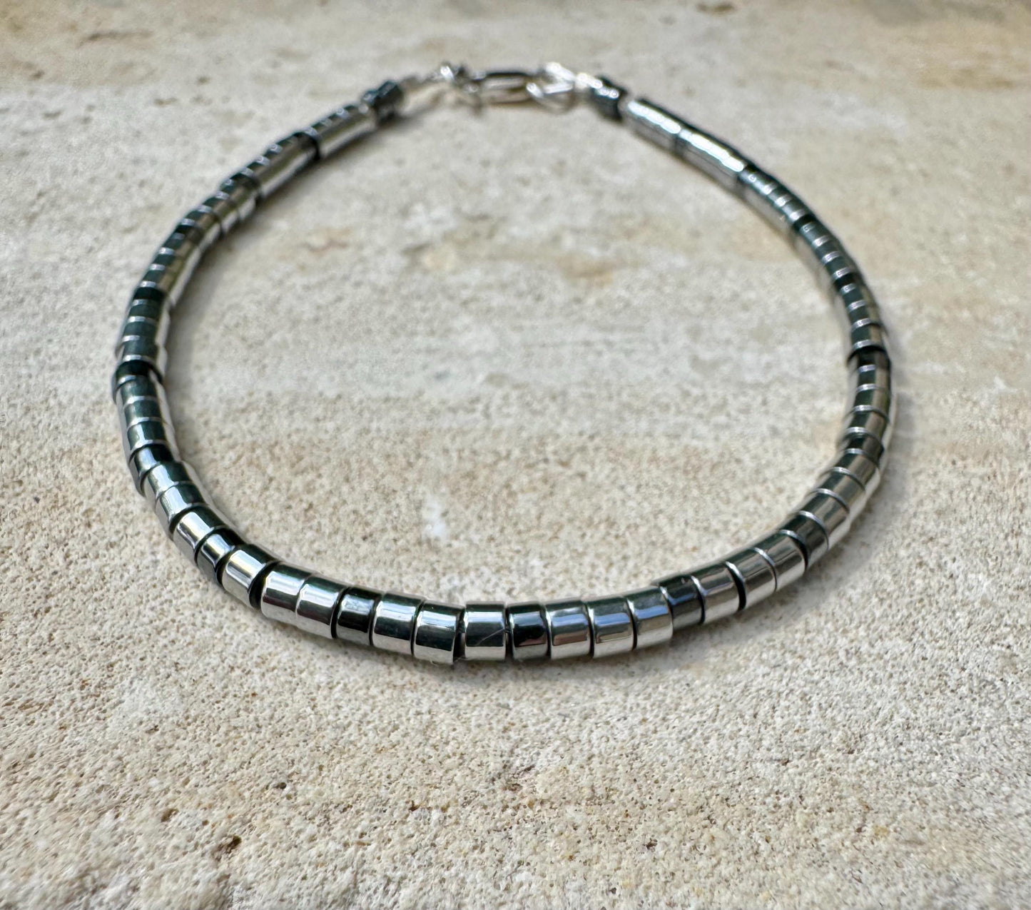 Hematite Sterling Silver Gemstone Bracelet, Beaded Hematite Bracelet, Mens Jewelry, Gift For Him, Healing Bracelet