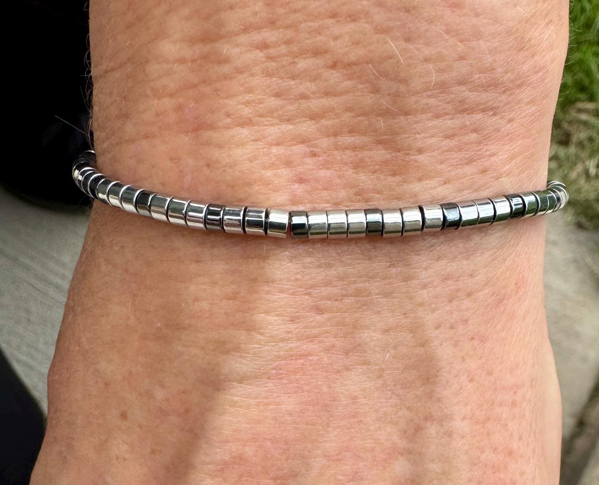 Hematite Sterling Silver Gemstone Bracelet, Beaded Hematite Bracelet, Mens Jewelry, Gift For Him, Healing Bracelet