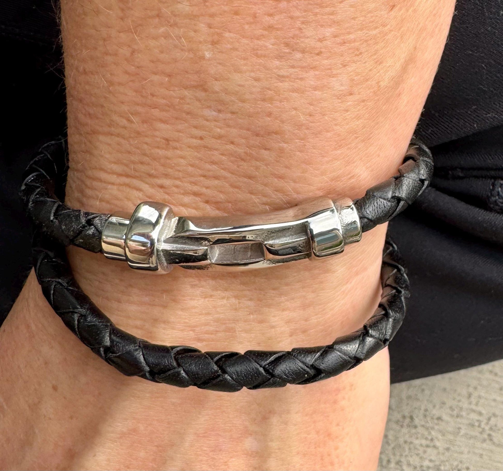 Braided leather bracelet with magnetic closure/ stainless steel shackle double wrap genuine leather bracelet