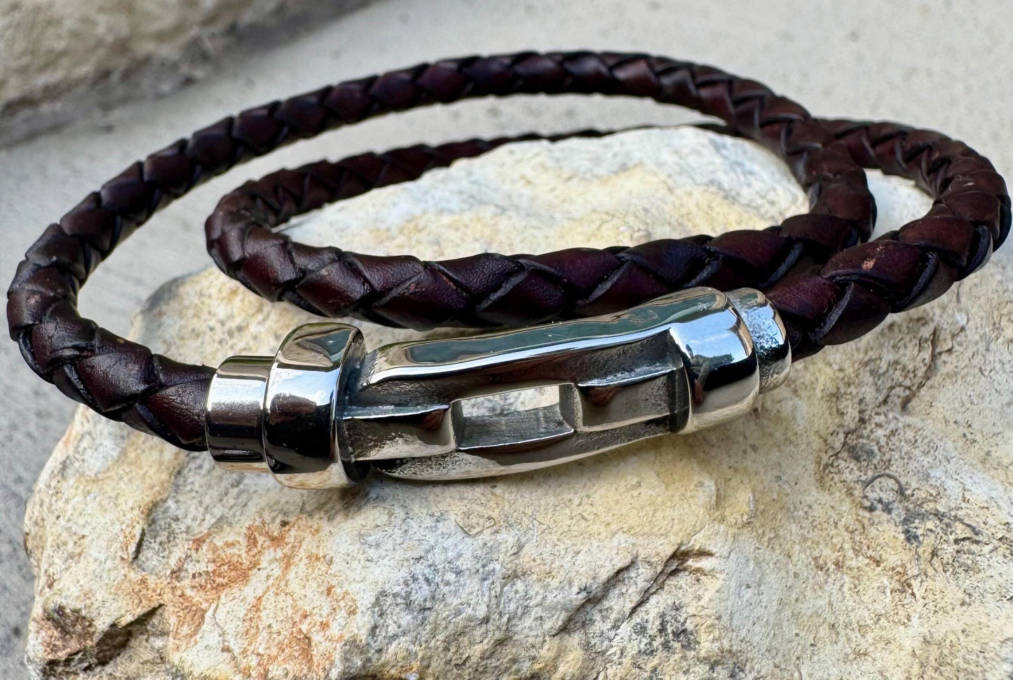 Braided leather bracelet with magnetic closure/ stainless steel shackle double wrap genuine leather bracelet