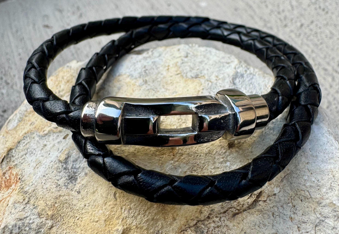 Braided leather bracelet with magnetic closure/ stainless steel shackle double wrap genuine leather bracelet