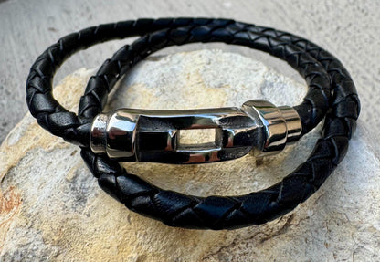 Braided leather bracelet with magnetic closure/ stainless steel shackle double wrap genuine leather bracelet